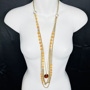 Long Multi Strand Layered Gold Tone wine Red Cabochon Necklace Amber Beads 4181